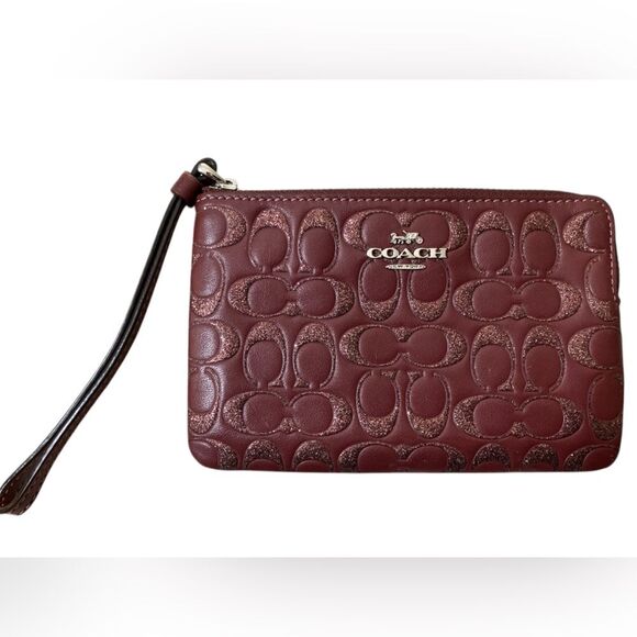 Coach Handbags - Coach Poppy F80214 Glitter Burgundy Wine Leather Zip Wristlet Embossed Monogram